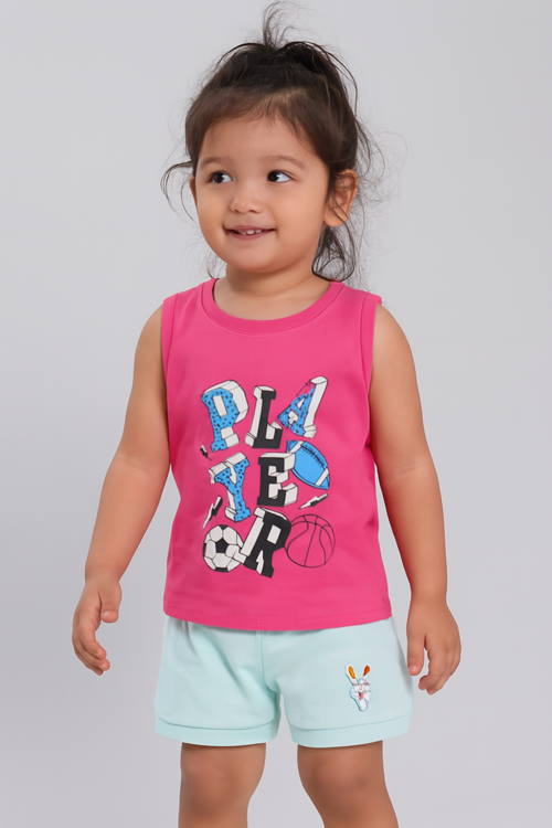 Cotton Printed Sleeveless Tshirt for Girls-Pink (Size-5-6 YEAR) | D124