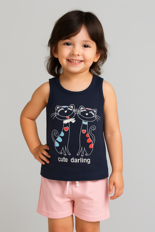 Cotton Printed Sleeveless Tshirt for Girls-Navy Blue (Size-8-9 YEAR) |