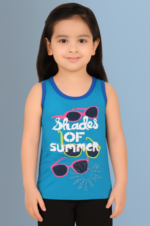 Cotton Printed Sleeveless Tshirt for Girls-Blue (Size-6-12 MONTH) |
